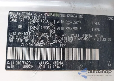 2022 Toyota Rav4 Xle z USA, uszkodzony, nr VIN 2T3P1RFV6NC268137